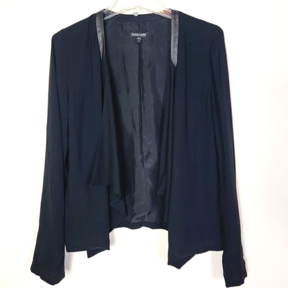 Eileen Fisher 100% Silk Chiffon Drape Front Blazer Leather Trim Black Small